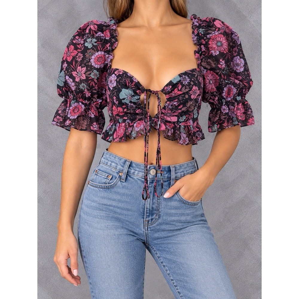 Majorelle Floral Crop Top Womens XS Black Pink Puff Sleeve Corset Fairycore
